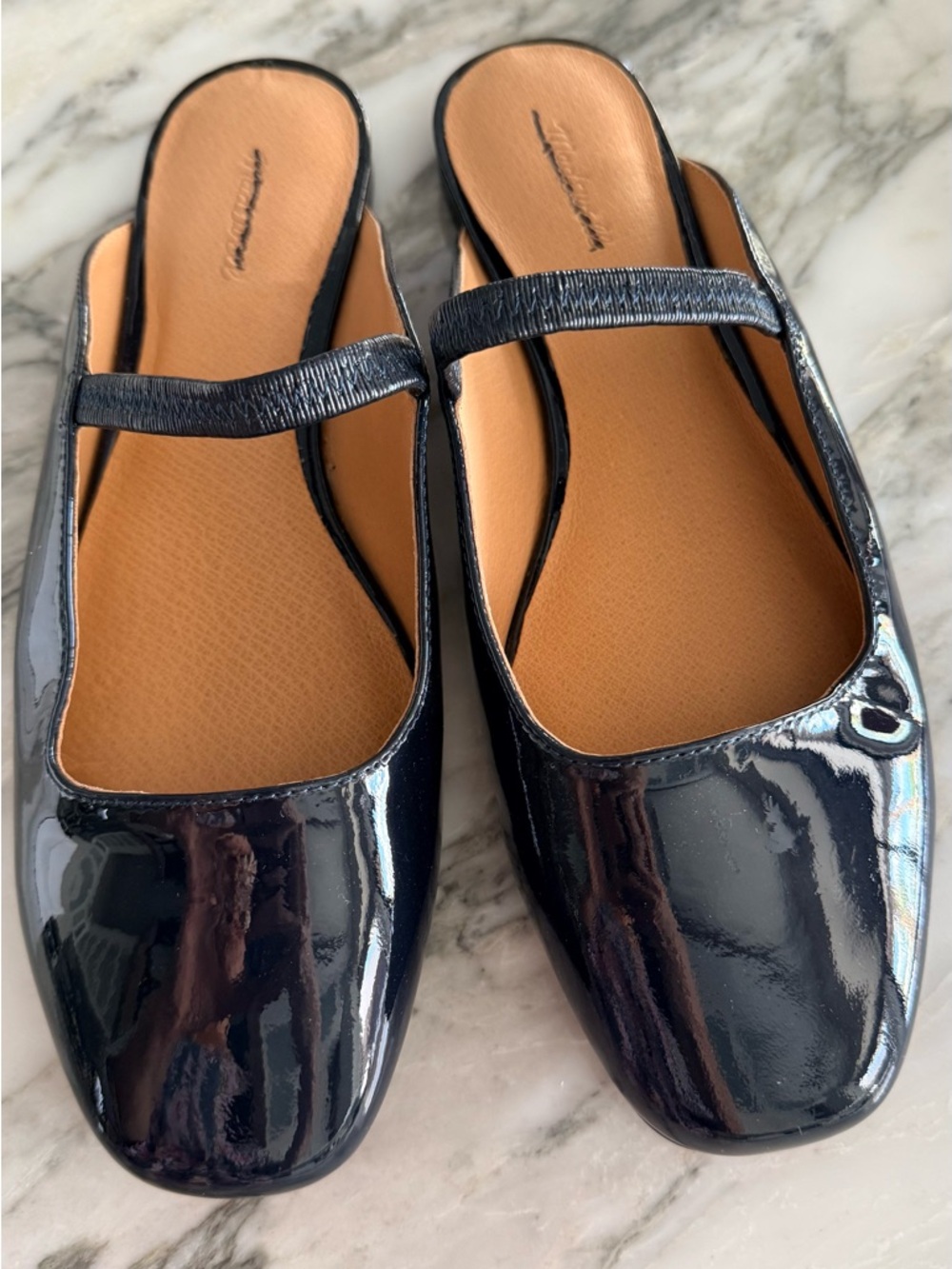 Madewell The Greta Ballet Flat Mules in Navy Blue patent leather 8 NWOT